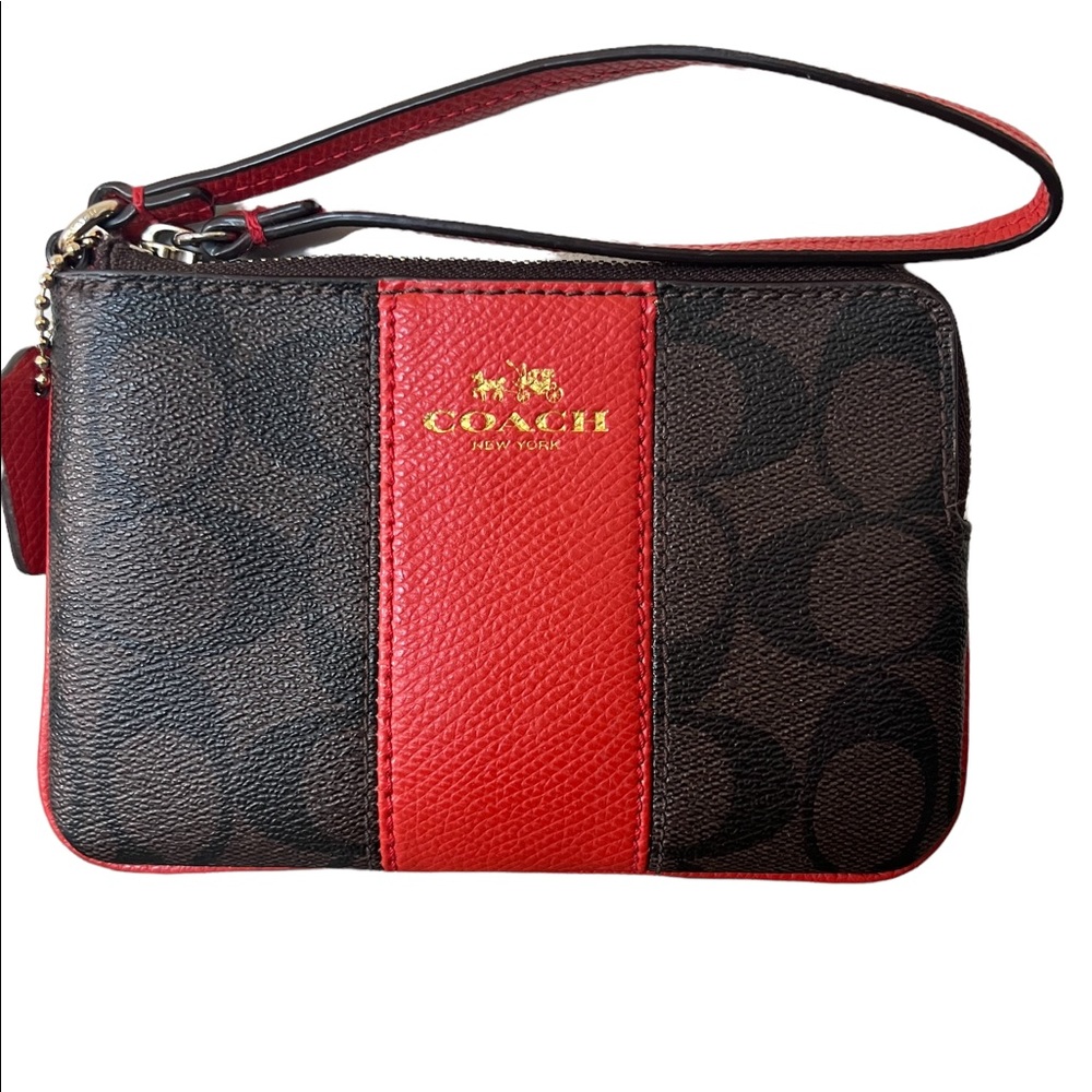 Coach corner zip wristlet signature canvas brown and red orange